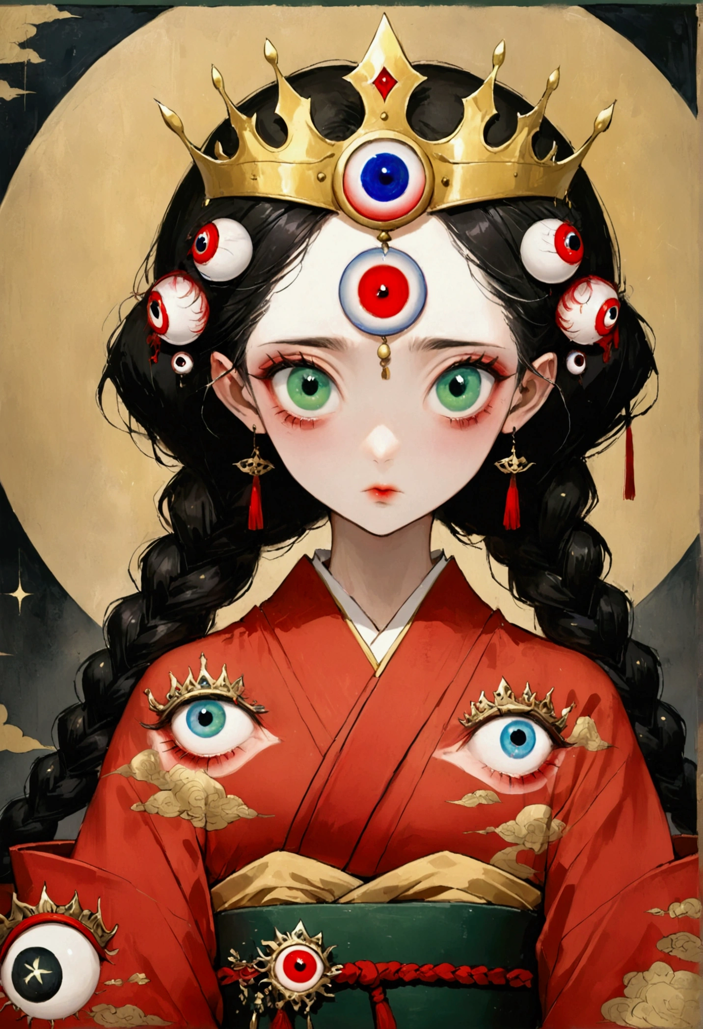 Art Illustration,Dark Style,(((1The princess wears a golden crown on her head - the eyeball decoration on the crown,Double braid,独奏,third eye on the forehead,big eyes))),(((Gorgeous Japanese red kimono:1.6,Eye Diagram,Dark Pattern))).(((Thin waist,Greenbelt:1.37)))whole body