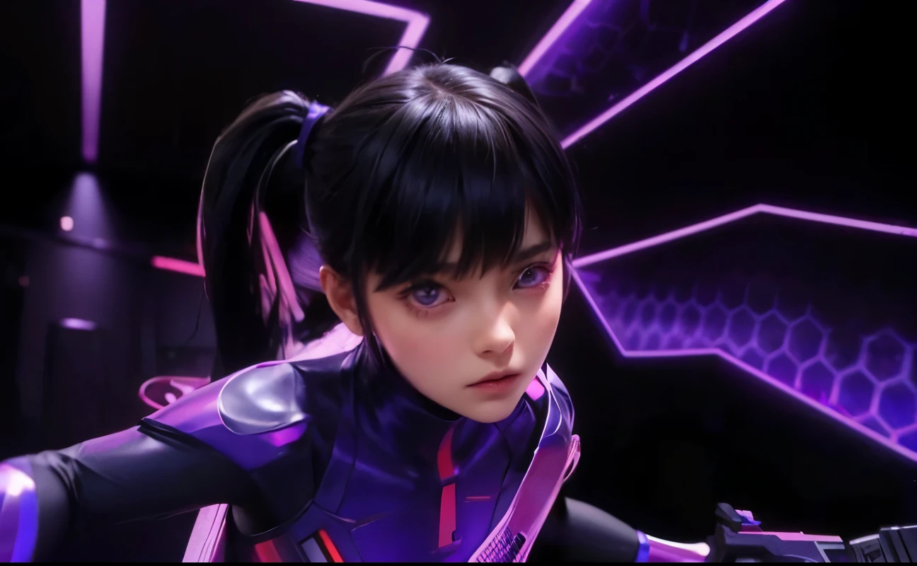 appearence a  girl,violet eyes,calm,quiet,cute,pretty,full body,looking ahead,short hair combed back,red outfit,black short,long tied hair,spider verse suit,serious look,cyberpunk background 