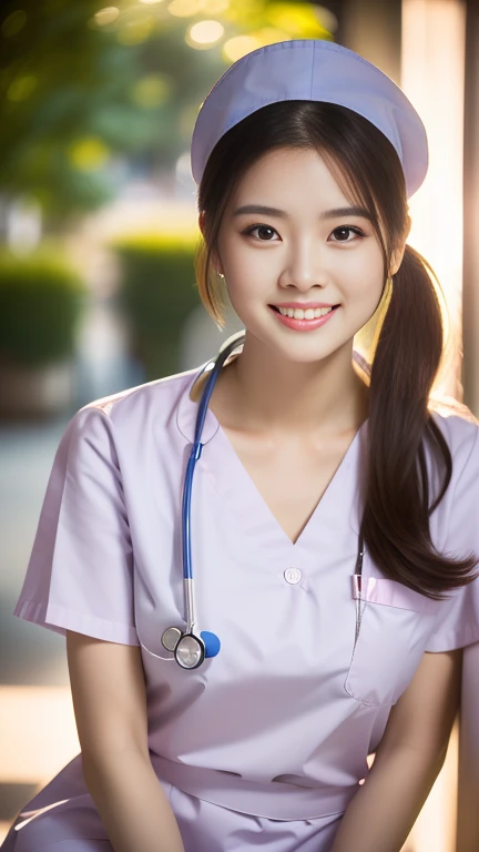 (Ulzzang-6500-v1.1, masterpiece, highest quality:1.3, ultra-detailed 8k:1.2, hyperrealistic:1.35, raw photo:1.2, highest quality, high resolution, wallpaper, realistic, dramatic, realistic painting art by midjourney:1.3, 1 nurse, 28yo, pink nurse uniform, basic nurse cap, short white tight skirt:1.3, super beautiful, beautiful skin, dimples, beautiful and detailed eyes, detailed face, symmatrical face, perfect style, resting in a hospital, cowboy_shot, ample bosom, very detailed face, stethoscope, double eyelid, snaggle-tooth, brown eyes, short ponytail hair, chest strengthening, emphasize body line, friendly smile, beautiful lips, glossy lips, white teeth, bokeh background, perfect lighting, natural soft light)