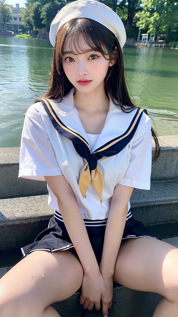 (Highest quality)、(Realistic:1.4)、(A high school girl is wearing a sailor suit:1.4)、((masterpiece,Highest quality:1.4))、(8k:1.4)、(The whole body gets wet with water:1.4)、(Focus on the upper body:1.kirt-lift:1.4)、alone、bangs、Look straight into the lens、Brown eyes、Big smile、alone、Heavy makeup、(Black panti、(garter belt)、(Big Breasts:Mouth、(Blonde Hair:1.4)、One Girl、23 years old、((Perfect Fingers:1.4))、(Detailed facial depiction:1.4)、Symmetrical body、(Symmetl eyes:1.1)Symmetrical face、There is a sow、Droopy eyes、(Spread your legs:1.4)、Long eyelashes、Double teeth、(Aligning your teeth:1.4)、Sharp contours、Shooting with a le-lens reflex camera、Korean Idol、Sleep on your back、Thin and well-formed eyebrows