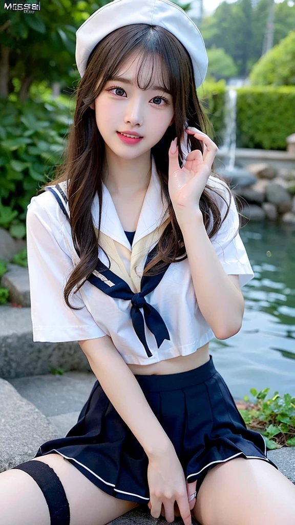 (Highest quality)、(Realistic:1.4)、(A high school girl is wearing a sailor suit:1.4)、((masterpiece,Highest quality:1.4))、(8k:1.4)、(The whole body gets wet with water:1.4)、(Focus on the upper body:1.4)、(skirt-lift:1.4)、alone、bangs、Look straight into the lens、Brown eyes、Big smile、alone、Heavy makeup、(Black panties:1.4)、(garter belt)、(Big Breasts:1.4)、Small Mouth、(Blonde Long Hair:1.4)、One Girl、23 years old、((Perfect Fingers:1.4))、(Detailed facial depiction:1.4)、Symmetrical body、(Symmetrical eyes:1.1)Symmetrical face、There is a shadow、Droopy eyes、(Spread your legs:1.4)、Long eyelashes、Double teeth、(Aligning your teeth:1.4)、Sharp contours、Shooting with a single-lens reflex camera、Korean Idol、Sleep on your back、Thin and well-formed eyebrows