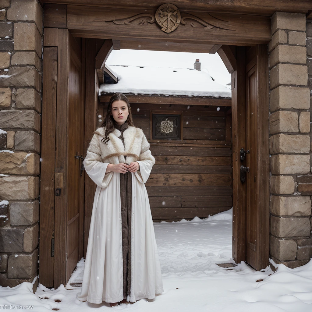 generated a 21 years old white woman with dark brown hair, posing in the Castle of Winterfell from the TV show "Game of Thrones." The setting should include the distinctive architectural elements of Winterfell, such as its stone walls, ancient wooden doors, and snowy surroundings, she wear an outfit includes a long, dark, elegant gown with intricate detailing and fur accents