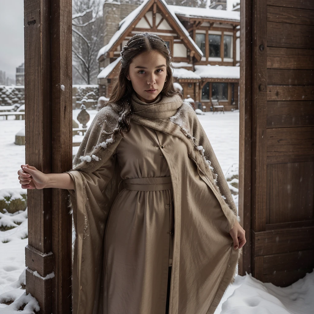 generated a 21 years old white woman with dark brown hair, posing in the Castle of Winterfell from the TV show "Game of Thrones." The setting should include the distinctive architectural elements of Winterfell, such as its stone walls, ancient wooden doors, and snowy surroundings, she wear an outfit includes a long, dark, elegant gown with intricate detailing and fur accents