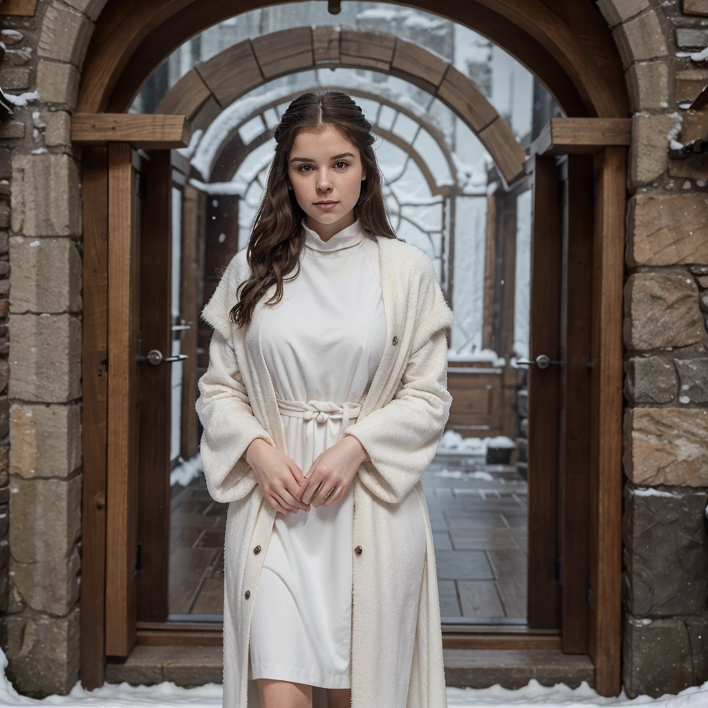 generated a 21 years old white woman with dark brown hair, posing in the Castle of Winterfell from the TV show "Game of Thrones." The setting should include the distinctive architectural elements of Winterfell, such as its stone walls, ancient wooden doors, and snowy surroundings, she wear an outfit includes a long, dark, elegant gown with intricate detailing and fur accents