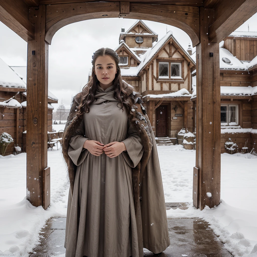 generated a 21 years old white woman with dark brown hair, posing in the Castle of Winterfell from the TV show "Game of Thrones." The setting should include the distinctive architectural elements of Winterfell, such as its stone walls, ancient wooden doors, and snowy surroundings, she wear an outfit includes a long, dark, elegant gown with intricate detailing and fur accents