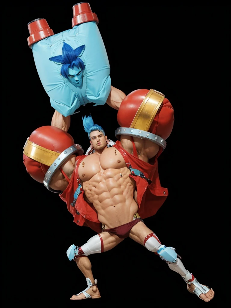 A strong muscular man, with red shirt, mechanical details on arms and legs, man with blue hair