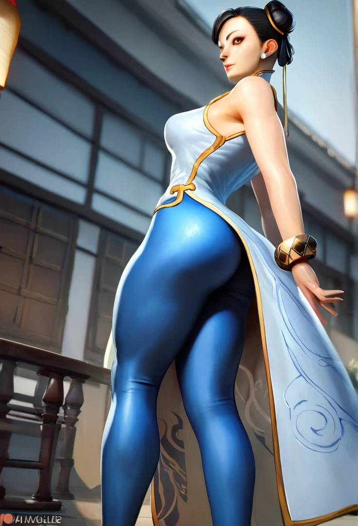 score_9, score_8_up, score_7_up, BREAK, score_9, chunliSDXL, 1girl, solo, breasts, looking at viewer, black hair, dress, brown eyes, jewelry, earrings, pants, hair bun, black footwear, bracelet, double bun, makeup, chinese clothes, china dress, blue pants, tight, leggings, tight pants, flats, cowboy shot, protruding ass, perfect shaped ass detailed