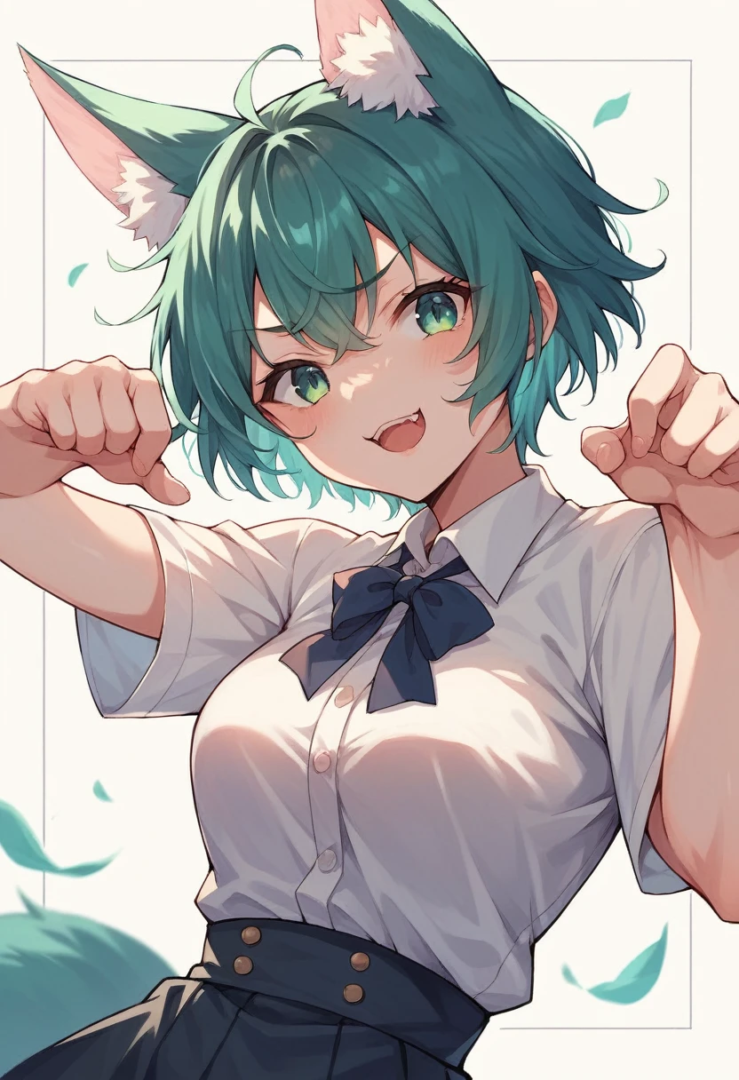 a closeup of a cartoon character with fox ears, fox girl, mikudayo, anime moe art style, Cat Mimi, short hair, anime girl with teal hair, dominant pose