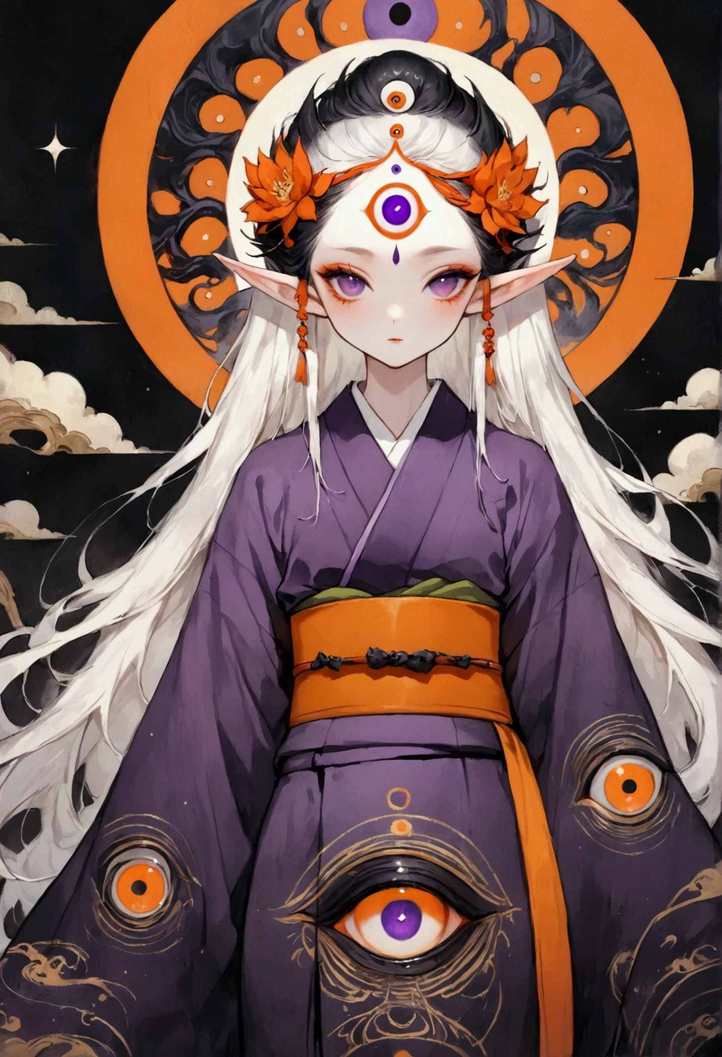 Art Illustration，Dark Style，(((1 Boy，独奏，third eye on the forehead，Elf ears))),(((Gorgeous Japanese purple kimono：1.6，Eye Diagram，Dark Pattern))).(((Thin waist，Orange belt：1.37)))whole body，Death Stare Background。