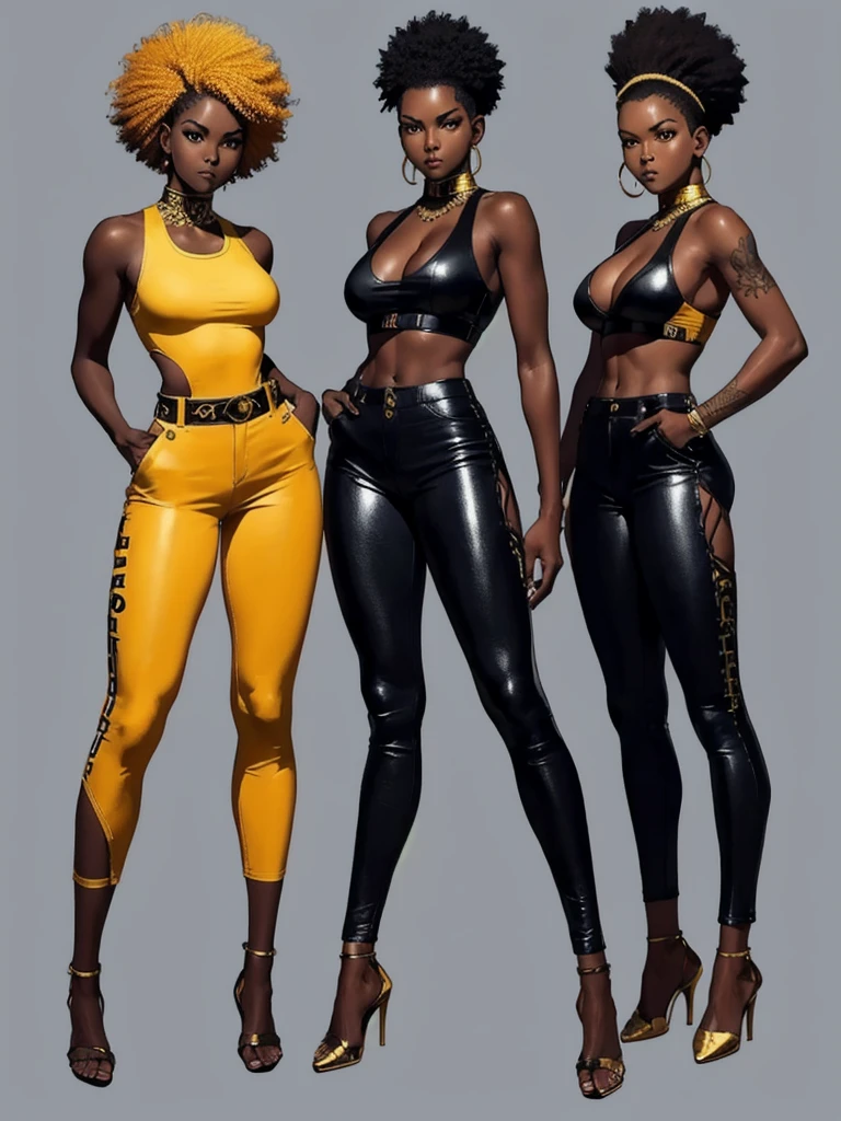 ((best quality)), ((4k)), ((highres)), ((masterpiece:1.2)). ((detailed)), ((ultra realistic)), ((intricate details)), ((full body picture)), ((character design sheet)), ((solo character)), a full body picture of a beautifull Ebony skinned female, black woman, dark skin, perfect face, detailed eyes, detailed lips, about 25 years old, about 5'5 ft. tall, punk black woman, punk style, afro-punk, afro-punk hair style, side shaved hair ((emphasis on her side shaved hair)), side-shaved afro hair style, ((emphasis on her side-shaved afro hair style)), muscular body, hourglass body type, thick and muscular, dressed in a golden top ((emphasis on her gold tank top)), and black leather pants, high heels, fighting game character concept art, tekken character design, the king of fighters character concept, full bofy, full body concept art, full body art