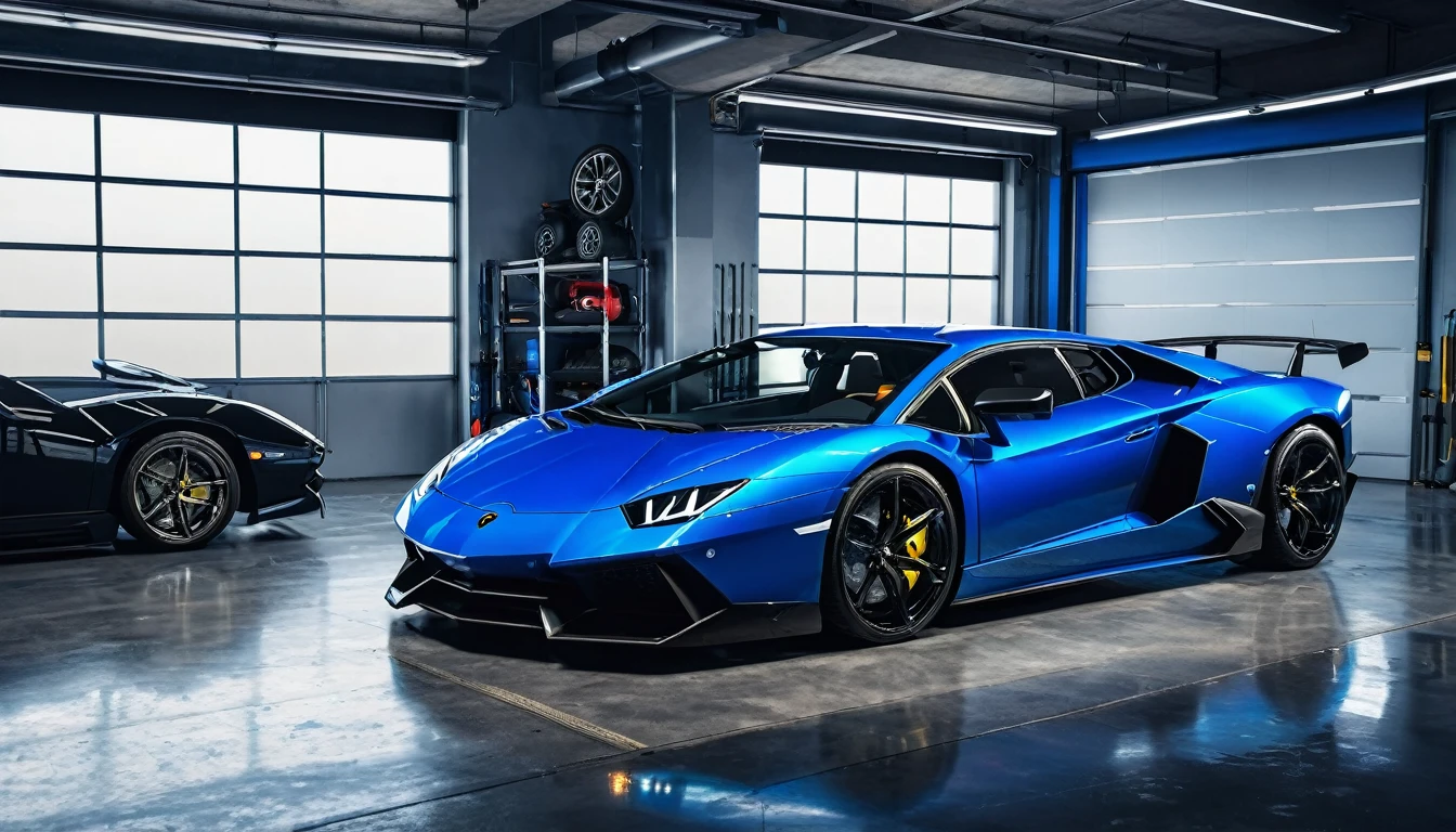 Black car garage inside a blue super lambo sports car parked sideways, High Resolution, Best Quality, Ultra Detail
