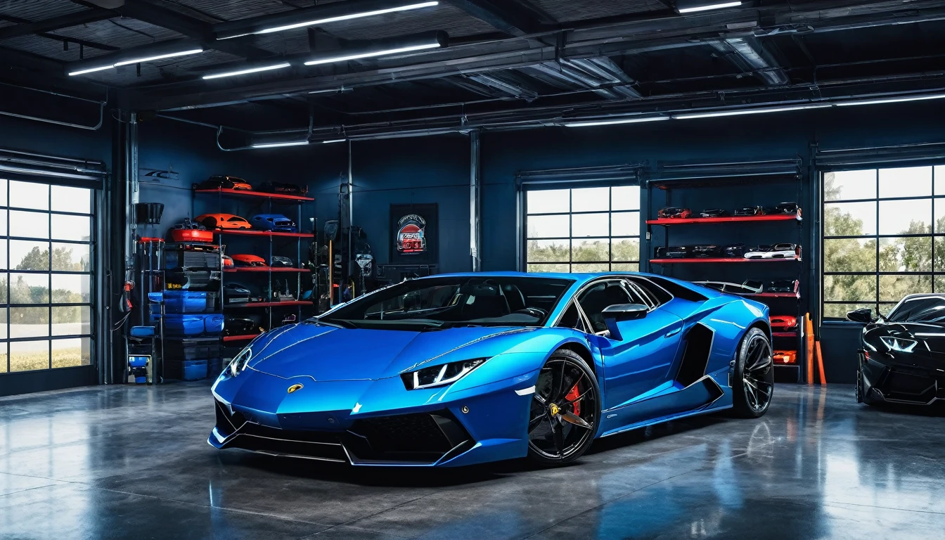Black car garage inside a blue super lambo sports car parked sideways, High Resolution, Best Quality, Ultra Detail