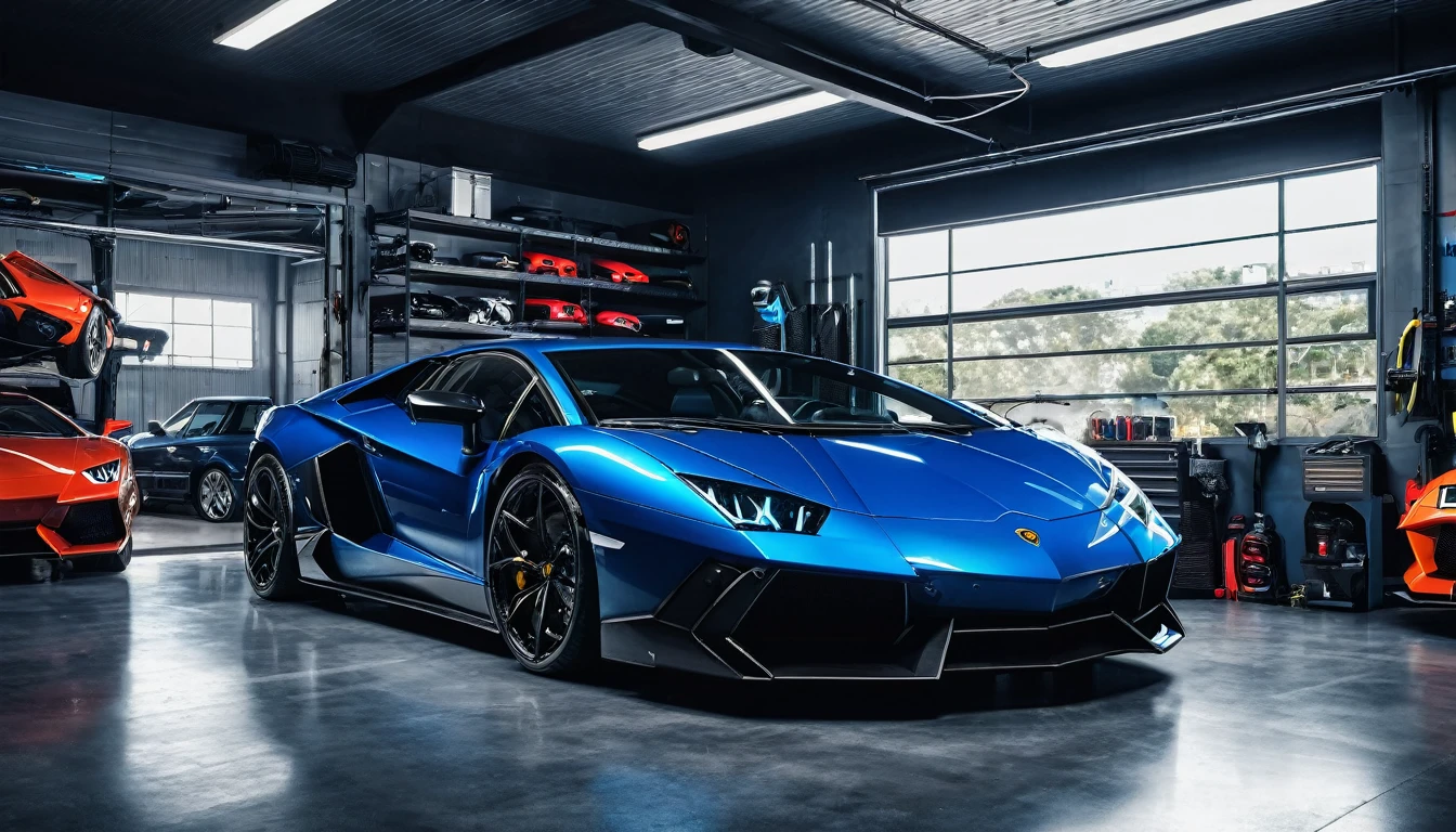 Black car garage inside a blue super lambo sports car parked sideways, High Resolution, Best Quality, Ultra Detail
