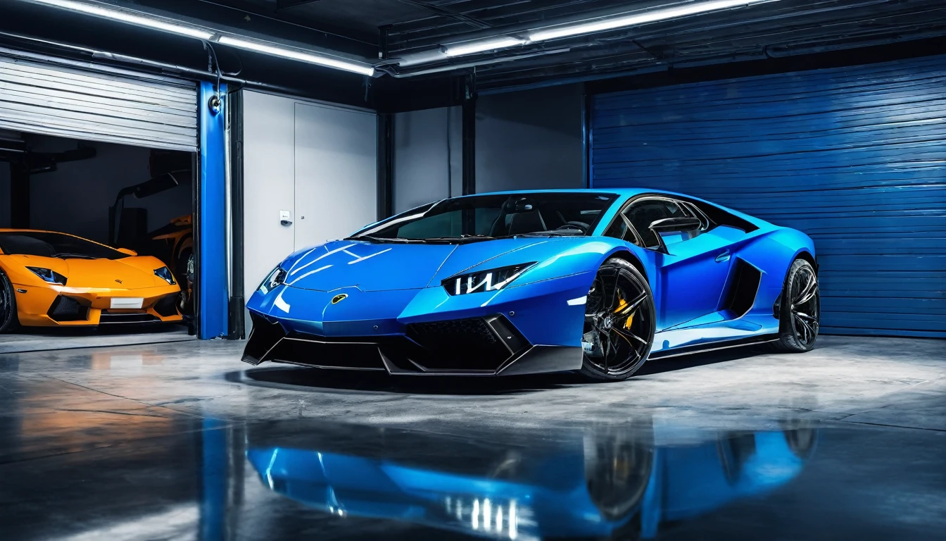 Black car garage inside a blue super lambo sports car parked sideways, High Resolution, Best Quality, Ultra Detail
