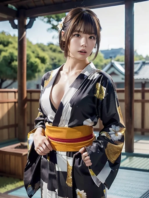 Ninja clothing, Japanese clothing、ninja pose、Plump chest、One Japanese woman, arms, sword, Medium length hair ponytail