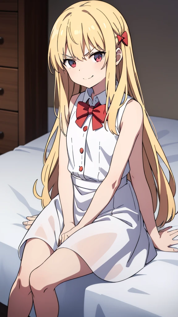 (1girl,),blonde hair,long hair,white dress, sleeveless, bow tie, bare shoulders,smile,angry,looking at view,extra arms,sitting on a bed in a room