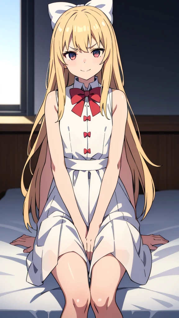 (1girl,10 years old),blonde hair,long hair,white dress, sleeveless, bow tie, bare shoulders,smile,angry,looking at view,extra arms,sitting on a bed in a room