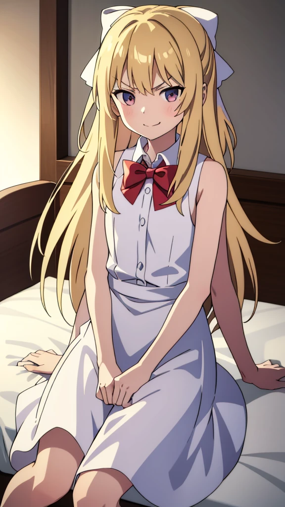 (1girl,10 years old),blonde hair,long hair,white dress, sleeveless, bow tie, bare shoulders,smile,angry,looking at view,extra arms,sitting on a bed in a room