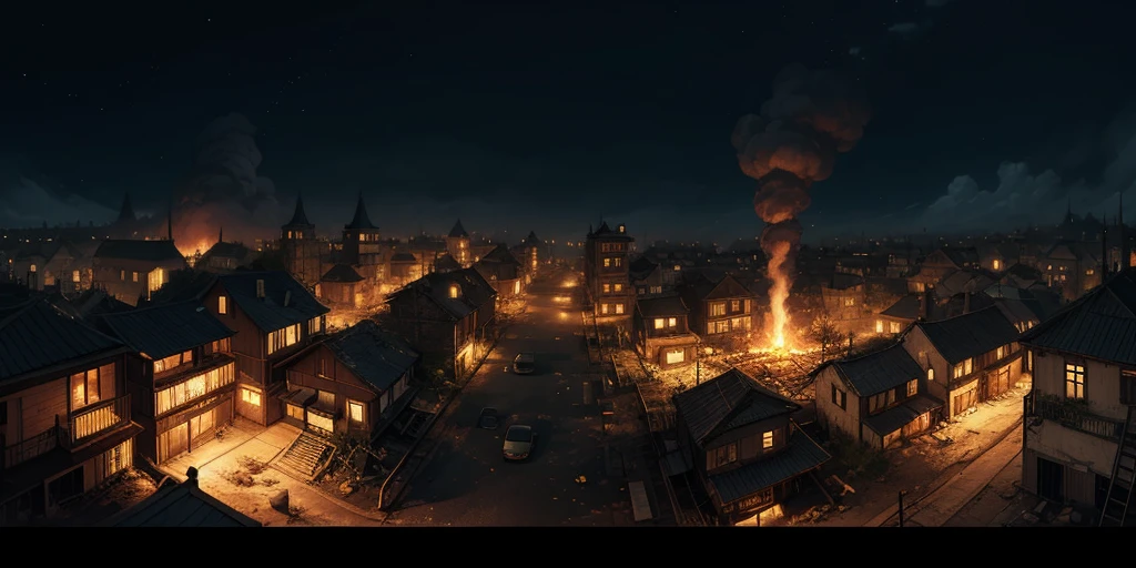 Equirectangular 360-degree panorama view photo with left and right ends seamlessly connected. first person, ((darkness)), fantasy, in a burned village