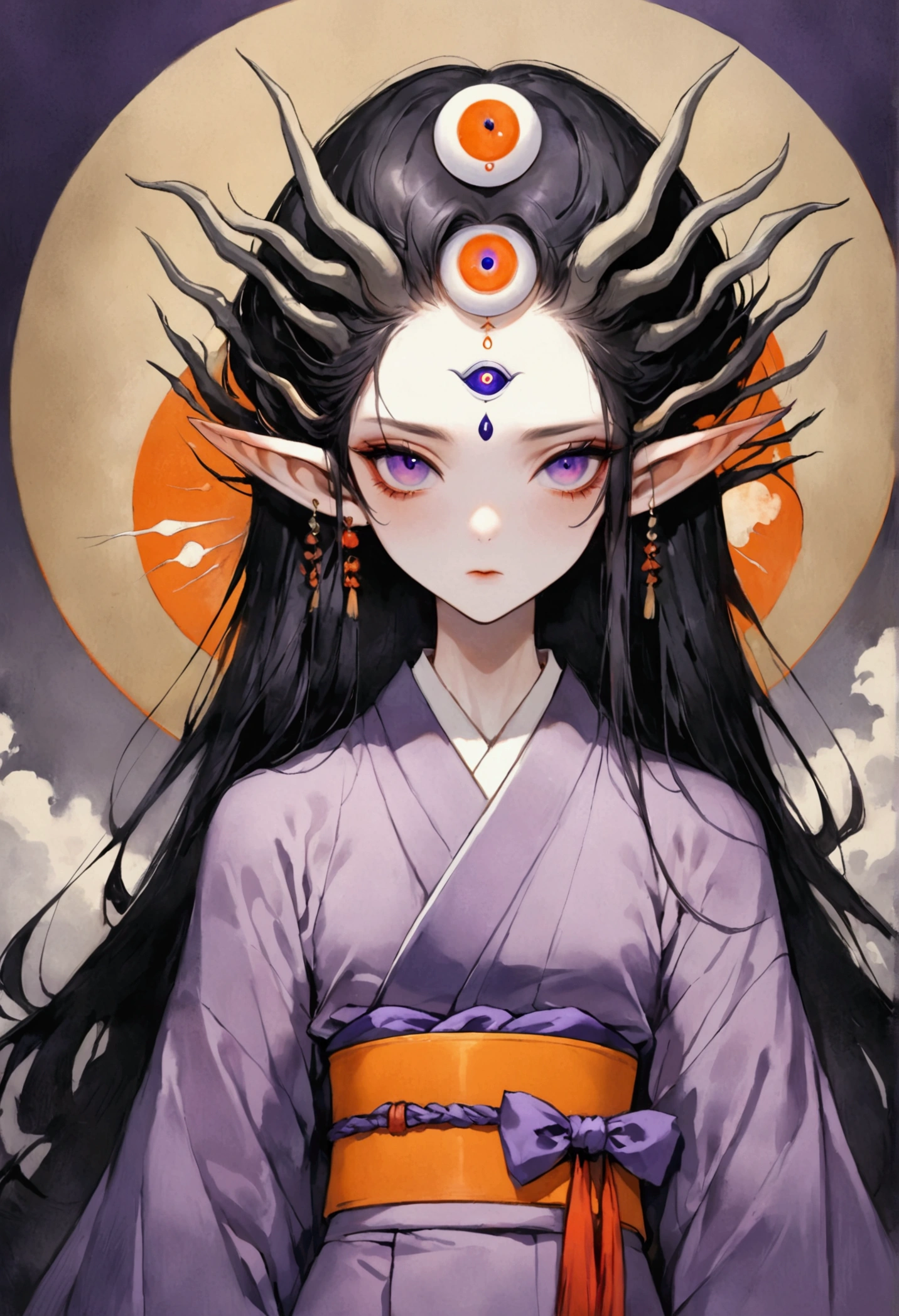 Art Illustration,Dark Style,(((1 Boy,独奏,third eye on the forehead,Elf ears))),(((Gorgeous Japanese purple kimono:1.6,Eye Diagram))).(((Thin waist,Orange belt:1.37)))whole body,Death Stare Background。