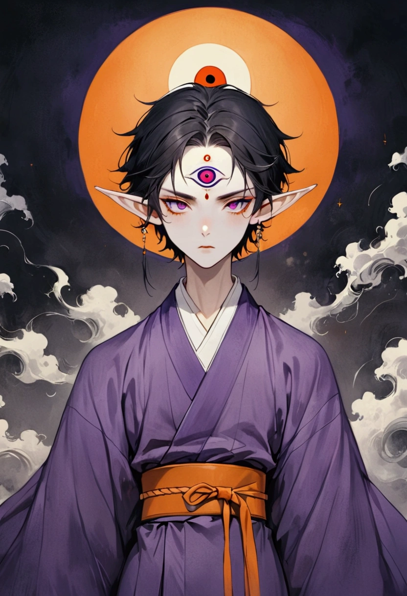 Art Illustration，Dark Style，(((1 Boy，独奏，third eye on the forehead，Elf ears))),(((Gorgeous Japanese purple kimono：1.6，Eye Diagram))).(((Thin waist，Orange belt：1.37)))whole body，Death Stare Background。