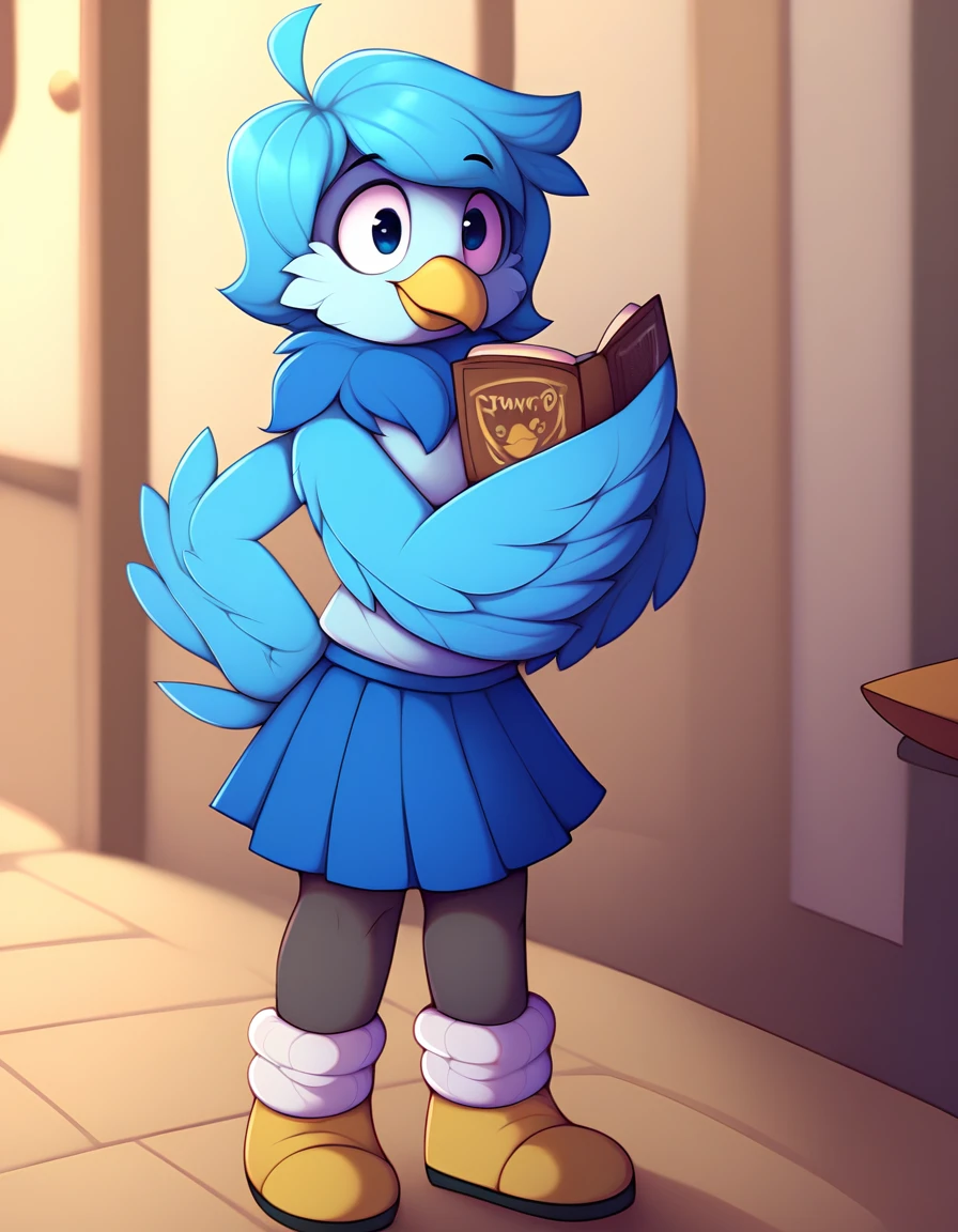 score_9, score_8_up, score_7_up, score_6_up, score_5_up, score_4_up, rating_explicit, source_furry, female, cute anthro female, cute face, (shool uniform, pattered pantyhose, school shoes, skirt, tie:1.2) classroom, detailed background, looking at viewer, forunt view, (wide eyes:1.1), (standing:1.2), solo, solo focus, smile, happy, (holding book, book:1.1), martlet, avian, blue body, (winged arms, rito:1.3), beak, anthro, blue feathers, bird