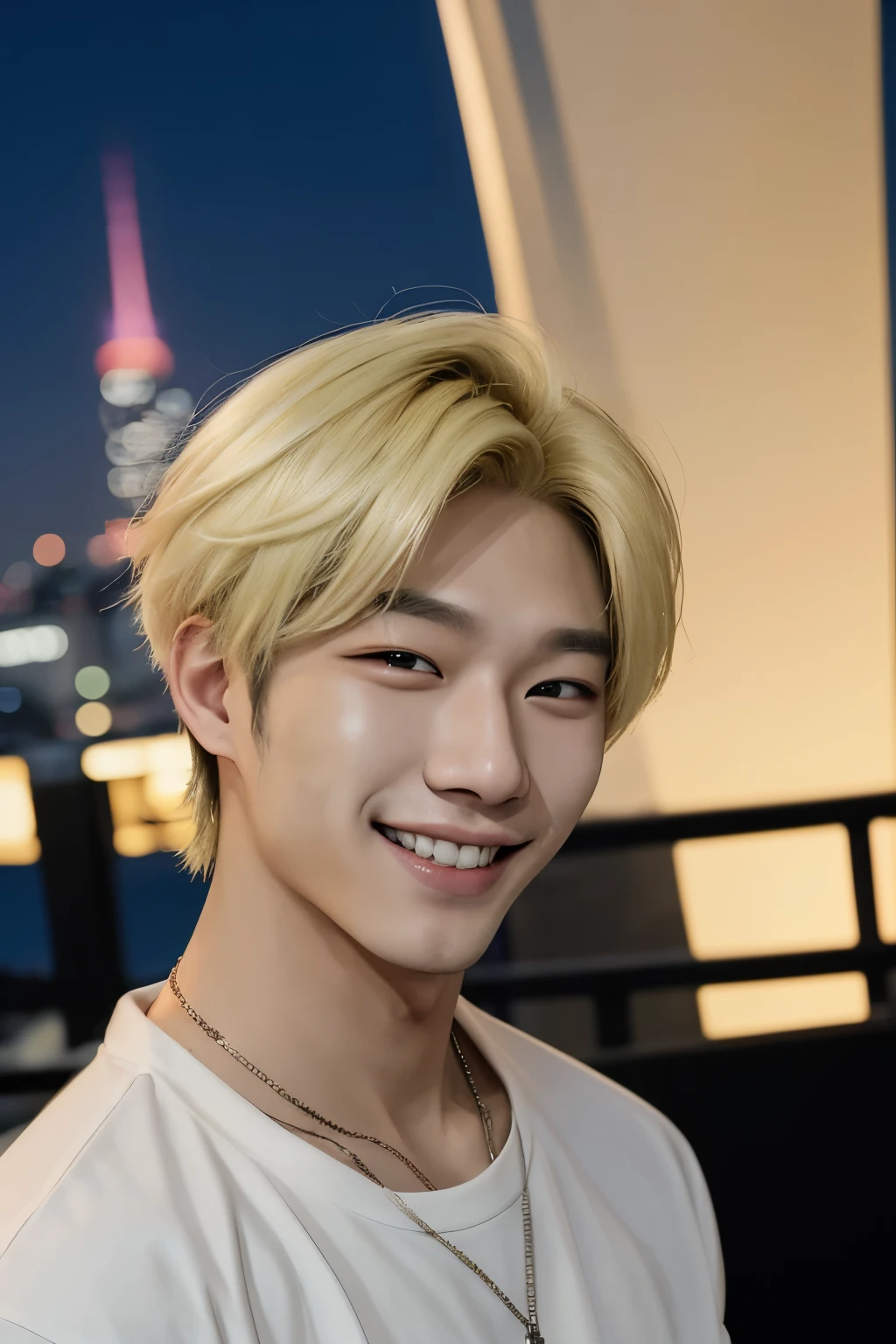 cool,K-POP,male,Double,Blonde,With the night view in the background,smile