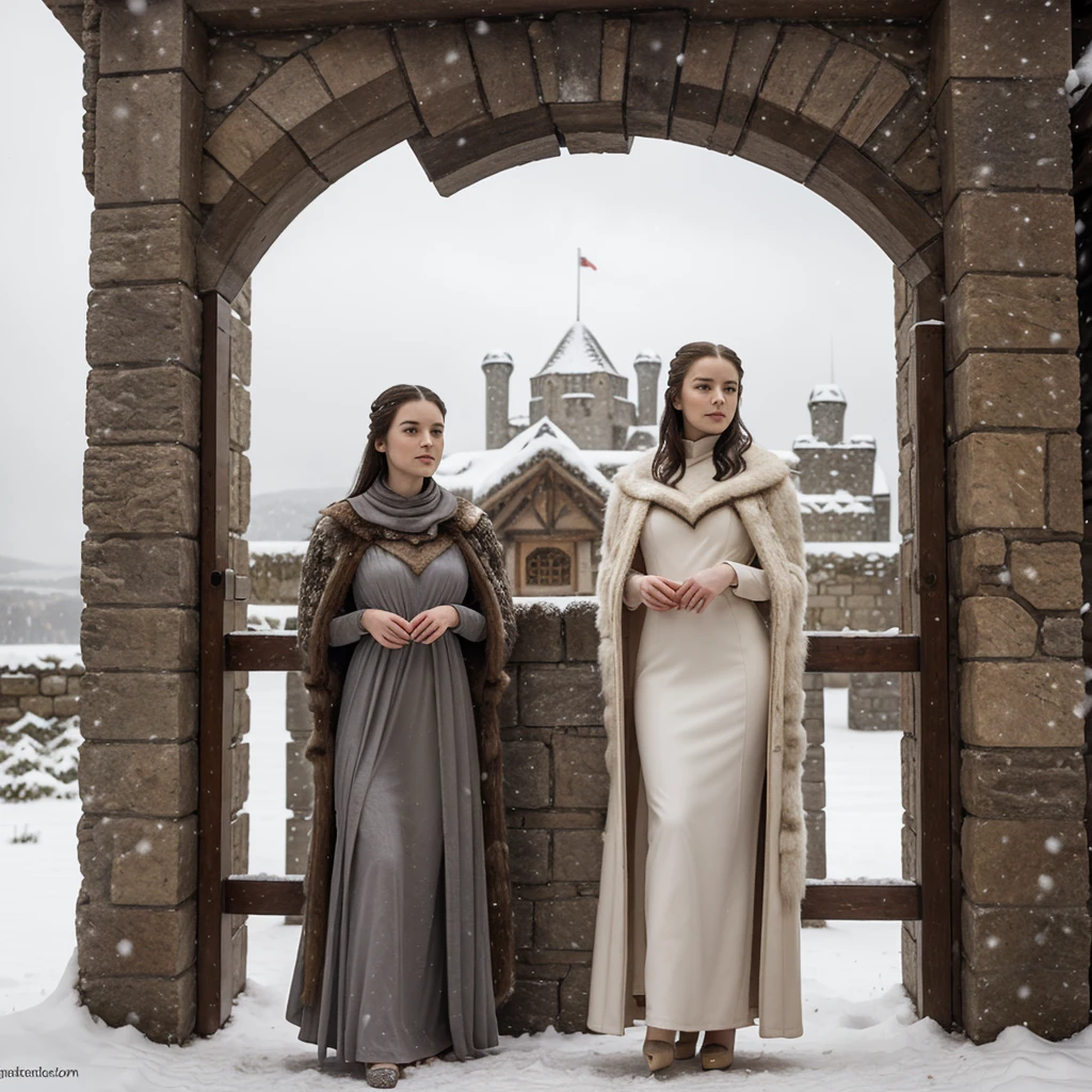 generated a 21 years old white woman with dark brown hair, posing in the Castle of Winterfell from the TV show "Game of Thrones." The setting should include the distinctive architectural elements of Winterfell, such as its stone walls, ancient wooden doors, and snowy surroundings, she wear an outfit includes a long, dark, elegant gown with intricate detailing and fur accents