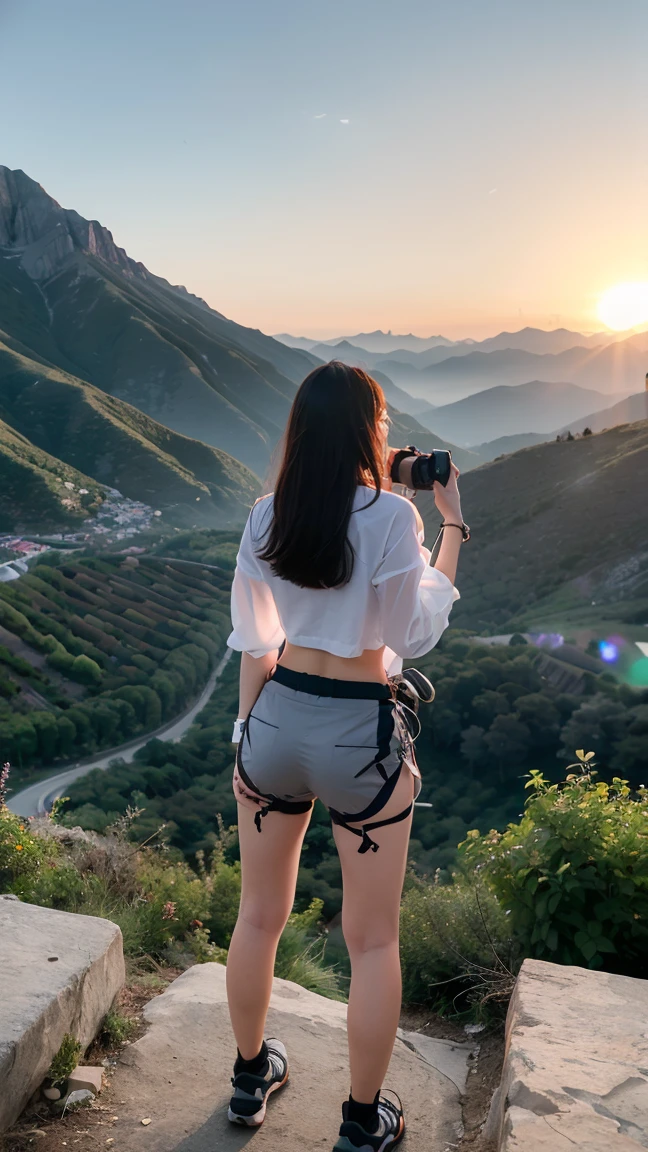 no, Ray tracing, Radio City, Anisotropic filtration, 16,000, best quality, 1 woman, alone, mature, beautiful mountain climber, Hiking clothing, Gradient long hair, climbing equipment、laugh、sunset、big breasts 、valley mountain peak (Standing and looking at the valley, turning your back to the photographer.)
