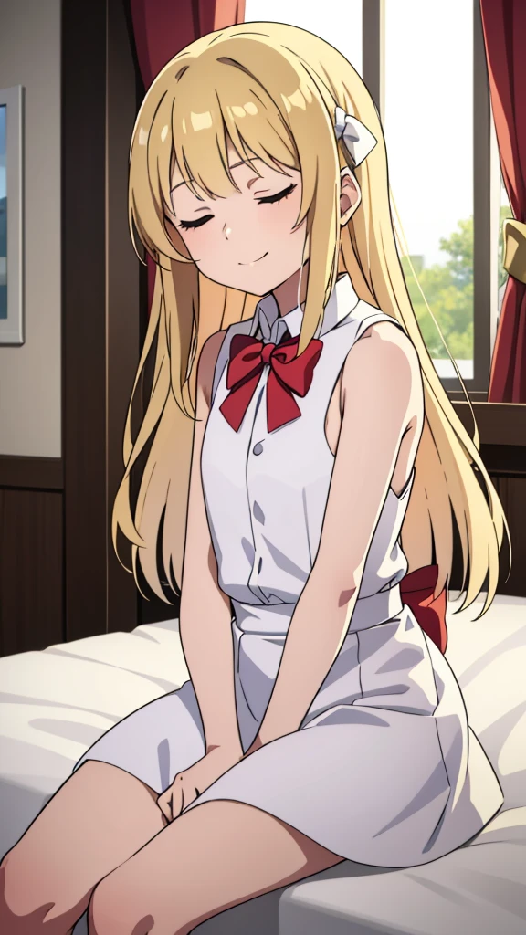 (1girl,),blonde hair,long hair,white dress, sleeveless, bow tie, bare shoulders,smile,closed eyes,looking at view,extra arms,sitting on a bed in a room