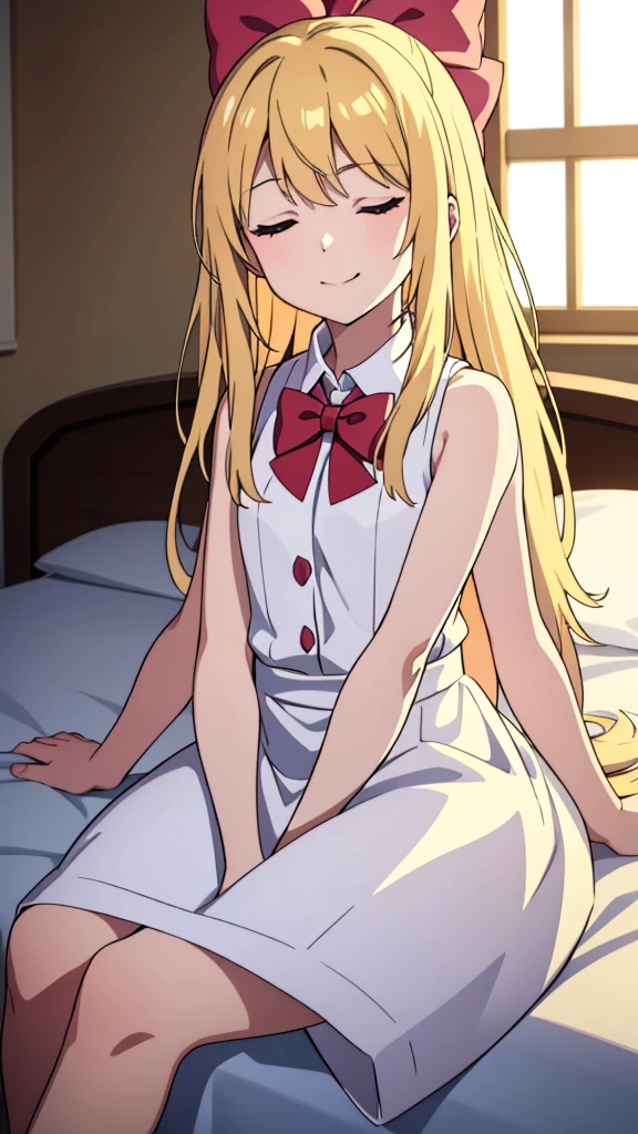 (1girl,10 years old),blonde hair,long hair,white dress, sleeveless, bow tie, bare shoulders,smile,closed eyes,looking at view,extra arms,sitting on a bed in a room