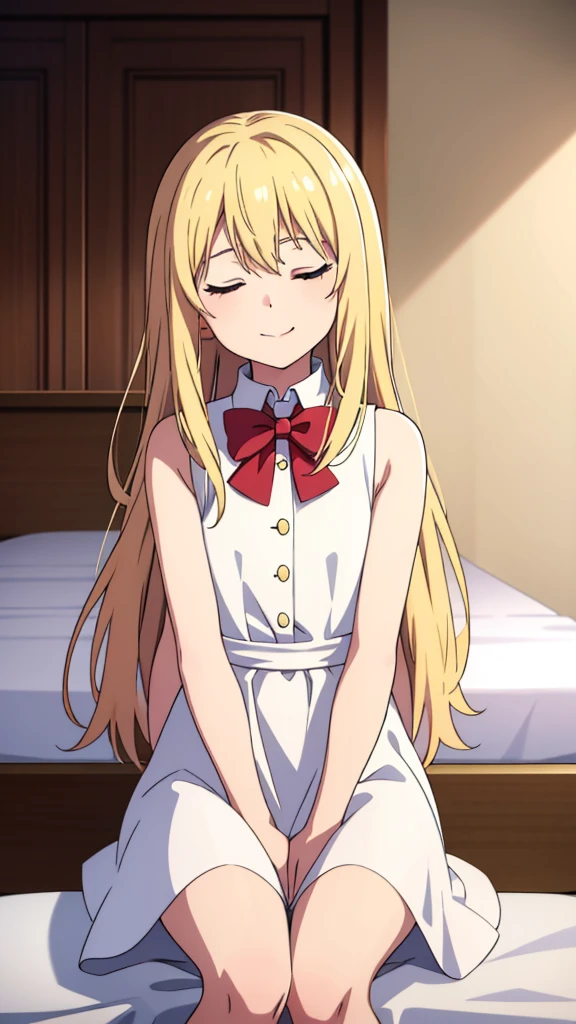 (1girl,10 years old),blonde hair,long hair,white dress, sleeveless, bow tie, bare shoulders,smile,closed eyes,looking at view,extra arms,sitting on a bed in a room