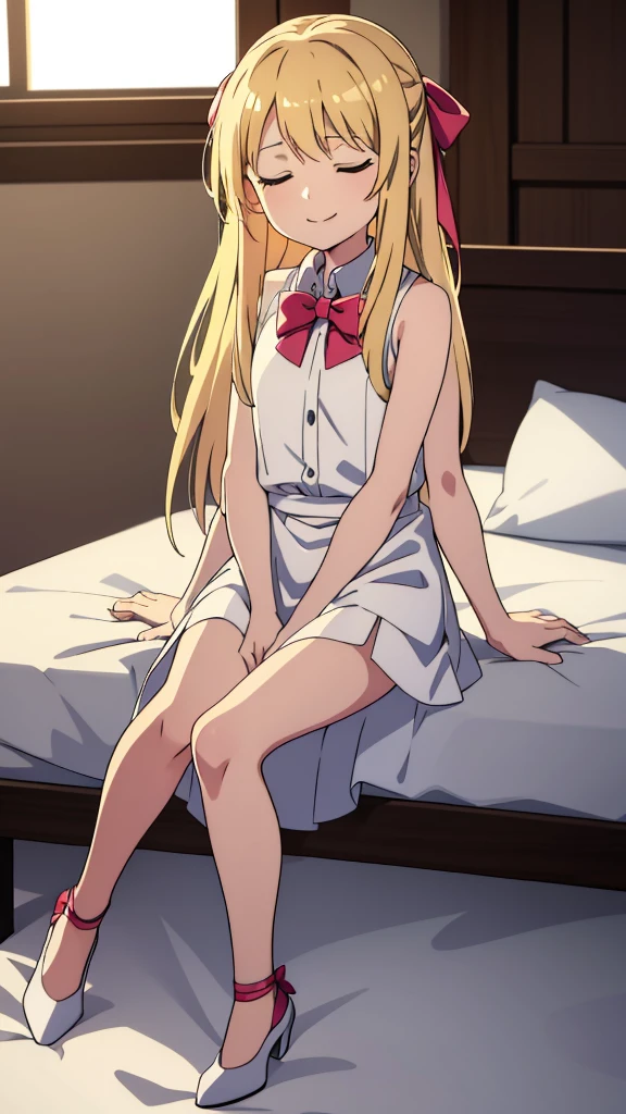 (1girl,10 years old),blonde hair,long hair,white dress, sleeveless, bow tie, bare shoulders,smile,closed eyes,looking at view,extra arms,sitting on a bed in a room