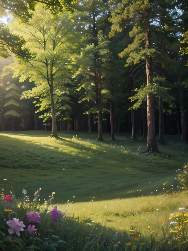 A forest with green grass and flowers