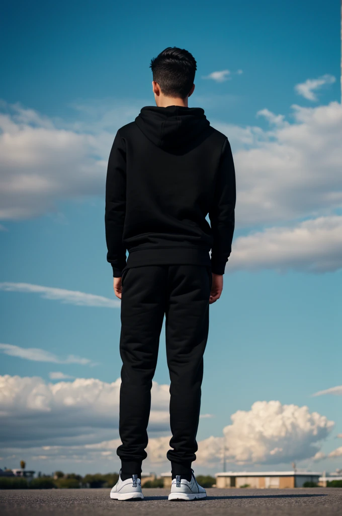 A young man looking at the sky from behind with a black sweatshirt and black pants 