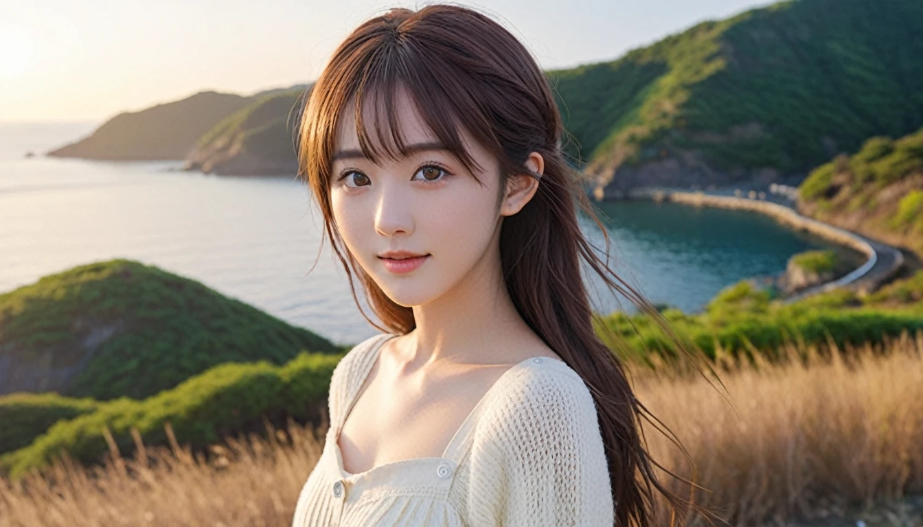 masterpiece、1 beautiful girl、Detailed eyes、Puffy eyes、Highest quality, 超High resolution, (Reality: 1.4), Cinema Lighting、Japanese、Asian Beauty、Super Beauty、Beautiful Skin、Slender、Body facing forward、(Surreal)、(High resolution)、(8k)、(Very detailed)、(Beautiful and detailed eyes)、(Ultra-detailed)、 (wall-)、Detailed face、Bright lighting、Professional Lighting、View your viewers、Look straight ahead、(The costume is a knit dress)、Long Hair, My hair is messy, Asymmetrical bangs, 、Coastal scenery、Picking up empty cans、Brown Hair、Japan is an idol、Korean Idol、Gravure idol pose、、Age 21、expensive, smile, Sunset park scenery、