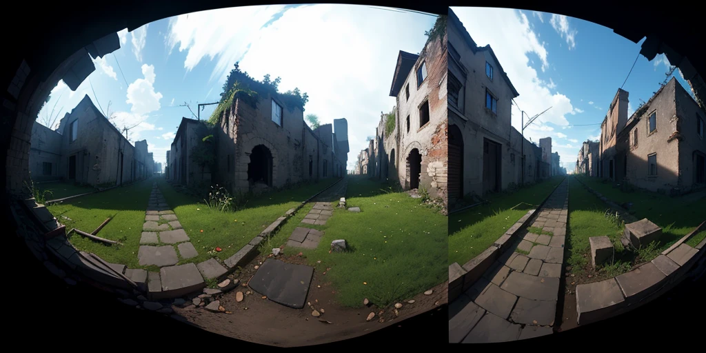 Equirectangular 360-degree panorama view photo with left and right ends seamlessly connected. first person, ((darkness)), fantasy, in a ruined village, burn