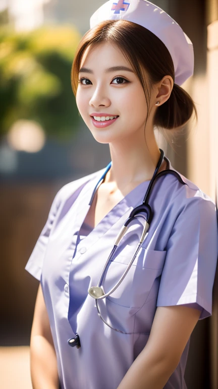 (Ulzzang-6500-v1.1, masterpiece, highest quality:1.3, ultra-detailed 8k:1.2, hyperrealistic:1.35, raw photo:1.2, highest quality, high resolution, wallpaper, realistic, dramatic, realistic painting art by midjourney:1.3, 1 nurse, 28yo, pink nurse uniform, basic nurse cap, short white tight skirt:1.3, super beautiful, beautiful skin, dimples, beautiful and detailed eyes, detailed face, symmatrical face, perfect style, resting in a hospital, cowboy_shot, ample bosom, very detailed face, stethoscope, double eyelid, snaggle-tooth, brown eyes, short ponytail hair, chest strengthening, emphasize body line, friendly smile, beautiful lips, glossy lips, white teeth, bokeh background, perfect lighting, natural soft light)