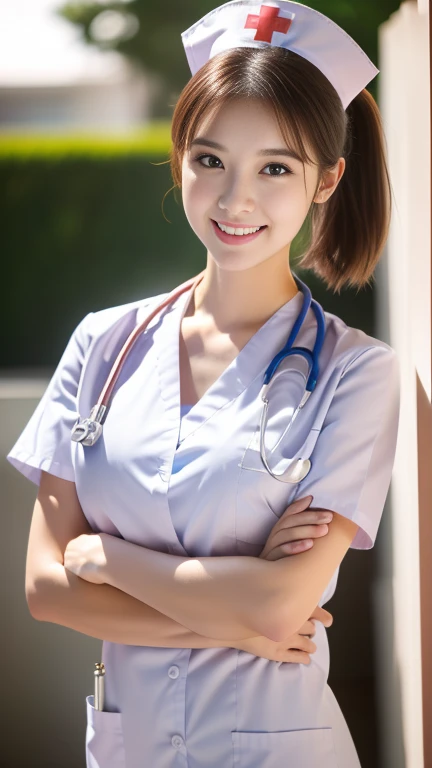 (Ulzzang-6500-v1.1, masterpiece, highest quality:1.3, ultra-detailed 8k:1.2, hyperrealistic:1.35, raw photo:1.2, highest quality, high resolution, wallpaper, realistic, dramatic, realistic painting art by midjourney:1.3, 1 nurse, 28yo, pink nurse uniform, basic nurse cap, short white tight skirt:1.3, super beautiful, beautiful skin, dimples, beautiful and detailed eyes, detailed face, symmatrical face, perfect style, resting in a hospital, cowboy_shot, ample bosom, very detailed face, stethoscope, double eyelid, snaggle-tooth, brown eyes, short ponytail hair, chest strengthening, emphasize body line, friendly smile, beautiful lips, glossy lips, white teeth, bokeh background, perfect lighting, natural soft light)