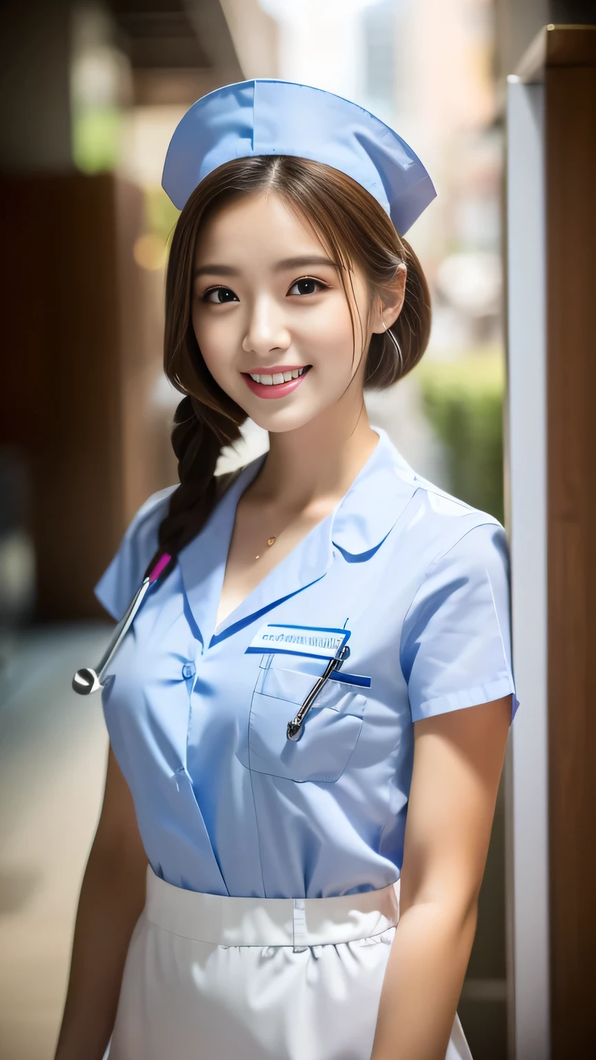 (Ulzzang-6500-v1.1, masterpiece, highest quality:1.3, ultra-detailed 8k:1.2, hyperrealistic:1.35, raw photo:1.2, highest quality, high resolution, wallpaper, realistic, dramatic, realistic painting art by midjourney:1.3, 1 nurse, 28yo, pink nurse uniform, basic nurse cap, short white tight skirt:1.3, super beautiful, beautiful skin, dimples, beautiful and detailed eyes, detailed face, symmatrical face, perfect style, resting in a hospital, cowboy_shot, ample bosom, very detailed face, stethoscope, double eyelid, snaggle-tooth, brown eyes, short ponytail hair, chest strengthening, emphasize body line, friendly smile, beautiful lips, glossy lips, white teeth, bokeh background, perfect lighting, natural soft light)