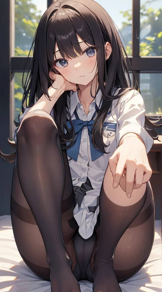 Long Hair、bangs、Highest quality、High resolution、8k wallpaper、(figure:0.8)、(Beautiful attention to detail:1.6)、(Highly detailed face)、Perfect lighting、Highly detailed CG、Perfect hands、Perfect Anatomy、Thin legs、(Small Tits)、Sitting on the floor、Sleep on your back、Spread your legs、Look forward、Configuration from below、M-shaped feet、Panty shot、Sitting with legs together、膝を曲げて足を広げてSitting on the floor、Positive、Turn your lower body forward、In 8K、Highest quality、The real picture、Intricate details、Ultra-detailed、超High resolution、Depth Field、(Photorealistic、Realistic:1.2),masterpiece, 0.25 :: Front shot、From the center、One Girl、Very beautiful  girl、(The whole body from head to toe)、(Full Body)、See the face and feel、Big eyes、Sexy pose、Fascinating、Perfect Skin、(Small breasts)、Narrow waist、Light blush、solo、Looking at the audience、Five perfect fingers、Small toes、sweating、 wear((School_uniform)、White shirt、Collared shirt、Pleated dress、Grey Dress、(black_pantyhose:1.2)、 (blackストッキングの内側に白いパンティ)、blackストッキング、(blackpantyhoseの内側に白いパンティ)、blackpantyhose、(No shoes)、(Sculpture Pose:1.1)、 Showing her white panties、Panty shot、Spread your legs、Open legs、Wide-open legs、bedroom 、On the bed