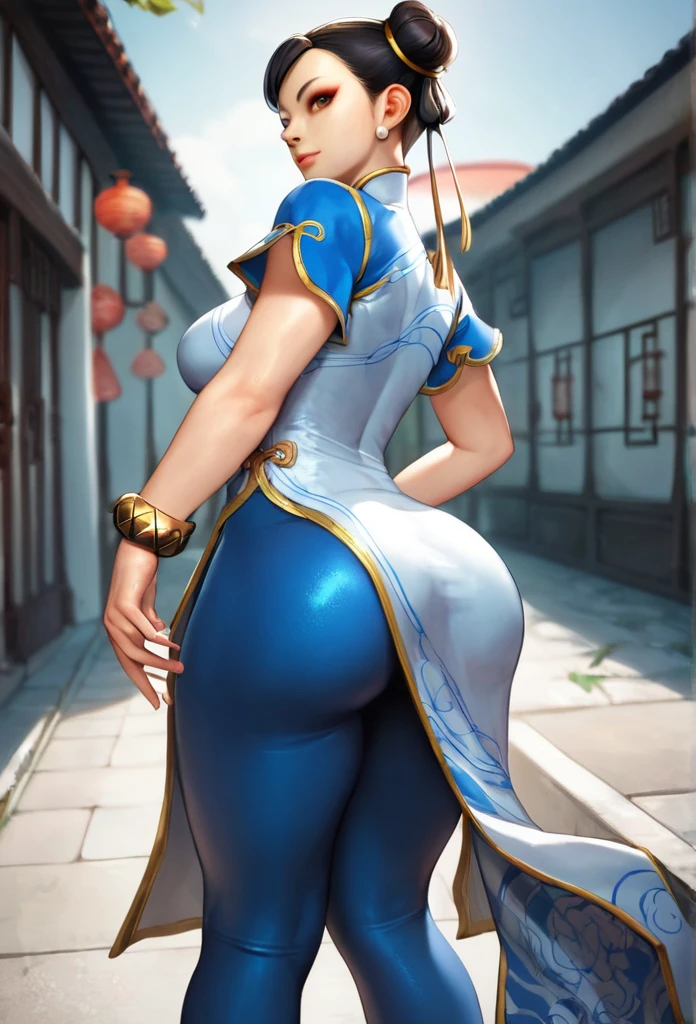 score_9, score_8_up, score_7_up, BREAK, score_9, chunliSDXL, 1girl, solo, breasts, looking at viewer, black hair, dress, brown eyes, jewelry, earrings, pants, hair bun, black footwear, bracelet, double bun, makeup, chinese clothes, china dress, blue pants, tight, leggings, tight pants, flats, cowboy shot, protruding ass, perfect shaped ass detailed