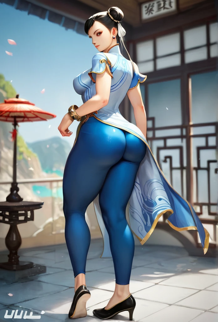 score_9, score_8_up, score_7_up, BREAK, score_9, chunliSDXL, 1girl, solo, breasts, looking at viewer, black hair, dress, brown eyes, jewelry, earrings, pants, hair bun, black footwear, bracelet, double bun, makeup, chinese clothes, china dress, blue pants, tight, leggings, tight pants, flats, cowboy shot, protruding ass, perfect shaped ass detailed