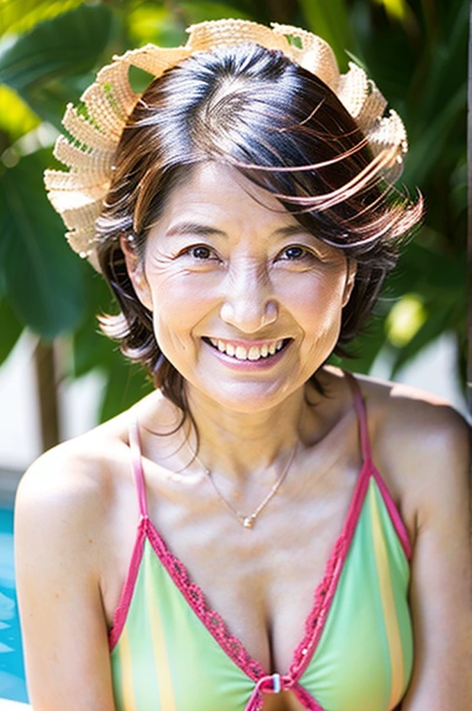 a Japanese woman, 68 years old, wearing micro bikini, smiling