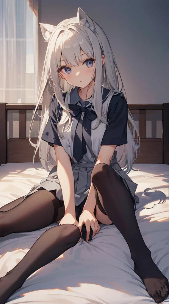 Long Hair、bangs、Highest quality、High resolution、8k wallpaper、(figure:0.8)、(Beautiful attention to detail:1.6)、(Highly detailed face)、Perfect lighting、Highly detailed CG、Perfect hands、Perfect Anatomy、Thin legs、(Small Tits)、Sitting on the floor、Sleep on your back、Spread your legs、Look forward、Configuration from below、M-shaped feet、Panty shot、Sitting with legs together、膝を曲げて足を広げてSitting on the floor、Positive、Turn your lower body forward、In 8K、Highest quality、The real picture、Intricate details、Ultra-detailed、超High resolution、Depth Field、(Photorealistic、Realistic:1.2),masterpiece, 0.25 :: Front shot、From the center、One Girl、Very beautiful 17 year old girl、(The whole body from head to toe)、(Full Body)、See the face and feel、Big eyes、Sexy pose、Fascinating、Perfect Skin、(Small breasts)、Narrow waist、Light blush、solo、Looking at the audience、Five perfect fingers、Small toes、sweating、 wear((School_uniform)、White shirt、Collared shirt、Pleated dress、Grey Dress、(black_pantyhose:1.2)、 (blackストッキングの内側に白いパンティ)、blackストッキング、(blackpantyhoseの内側に白いパンティ)、blackpantyhose、(No shoes)、(Sculpture Pose:1.1)、 Showing her white panties、Panty shot、Spread your legs、Open legs、Wide-open legs、bedroom 、On the bed