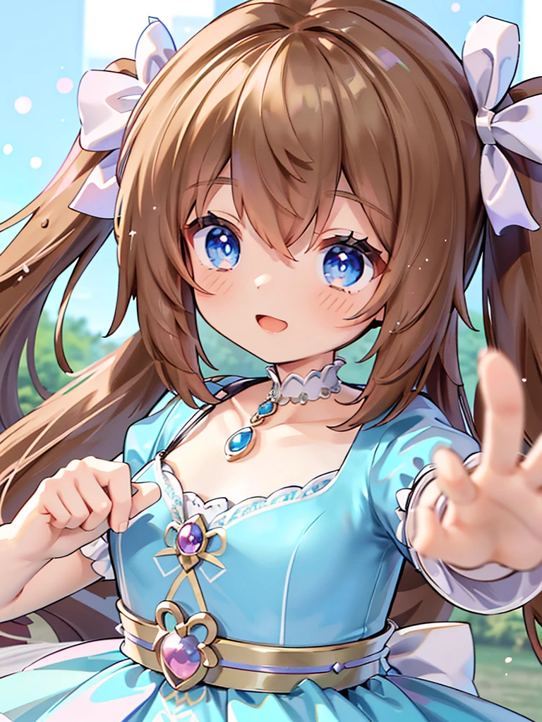 (a closeup of a beautiful 15-year-old girl in a princess dress look at something), comical, cute, Blue eyes, light brown hair, twintails, (yellow and blue princess dress 1.5), blue bow ribbon, open mouth smile, high-resolution image, masterpiece, high quality, attractive glowing eyes