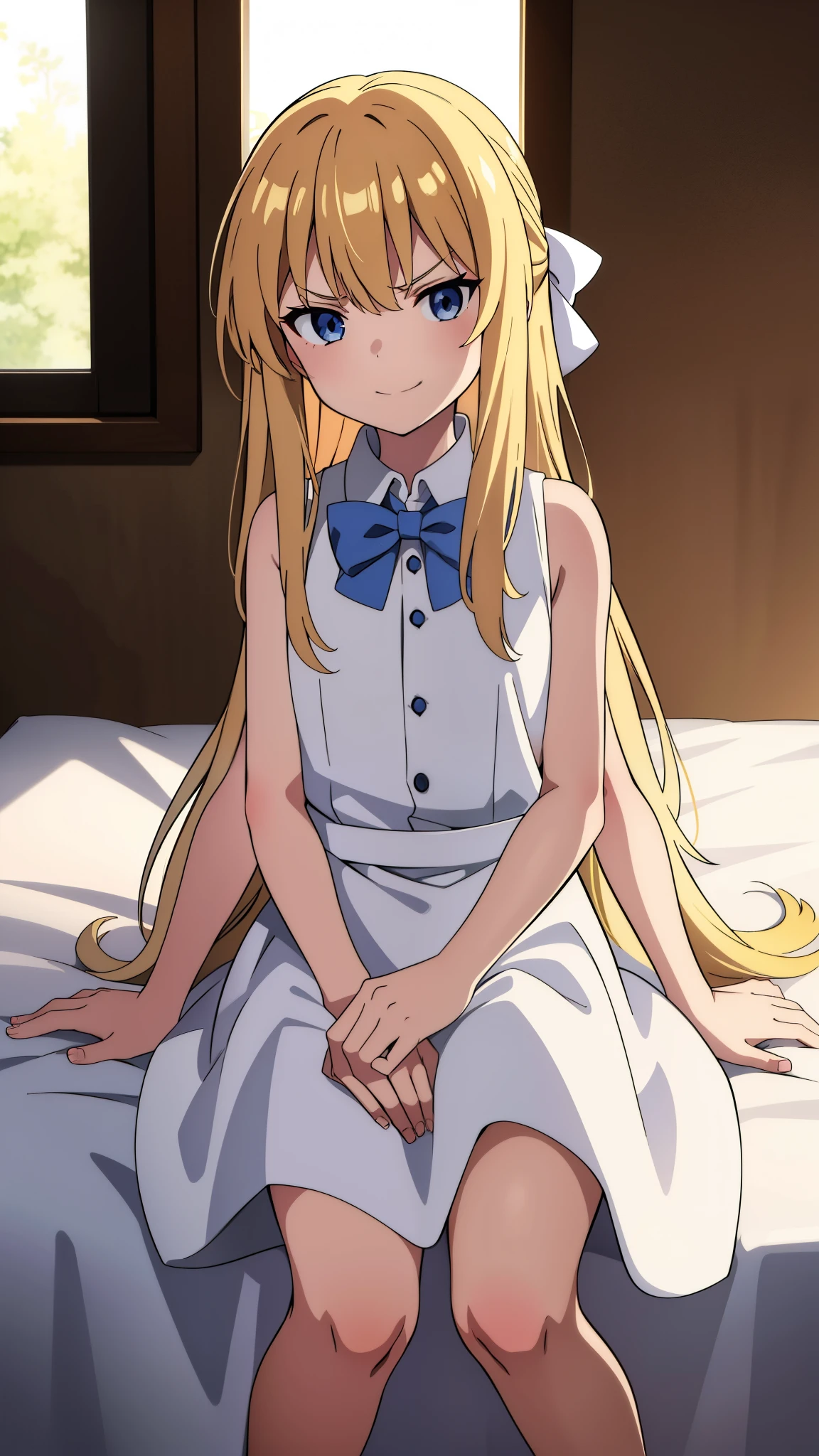 (1girl,10 years old),blonde hair,long hair,white dress, sleeveless, bow tie, bare shoulders,smile,angry,looking at view,extra arms,sitting on a bed in a room