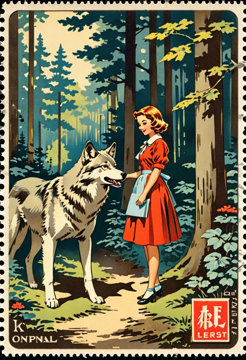 ephemera, label, retro, Vintage, stamp, A girl and a wolf meet in the forest,