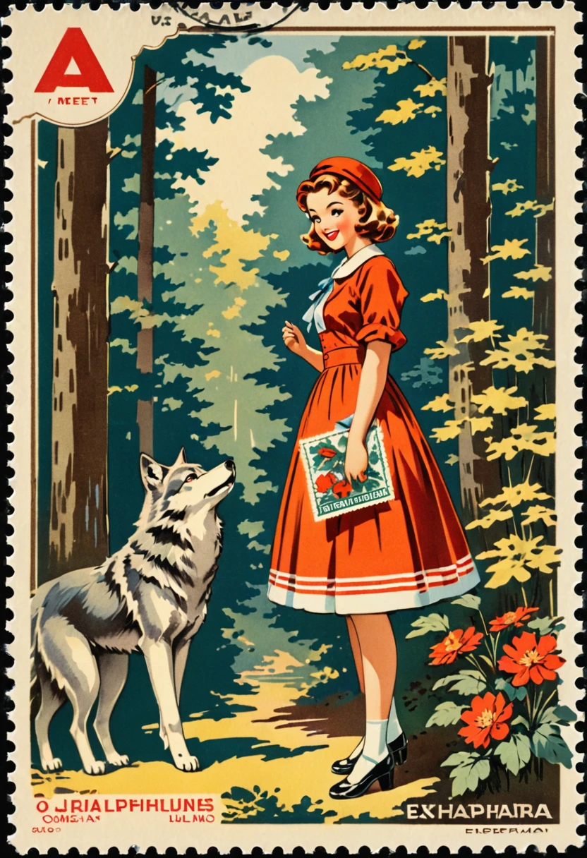 ephemera, label, retro, Vintage, stamp, A girl and a wolf meet in the forest,