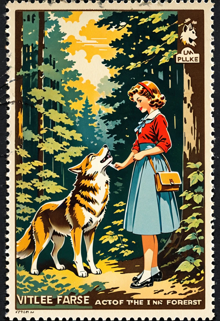 ephemera, label, retro, Vintage, stamp, A girl and a wolf meet in the forest,